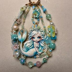 Aqua Mermaid Phone Wristlet Keychain Glow in Dark Fantasy Bag Charm Handmade